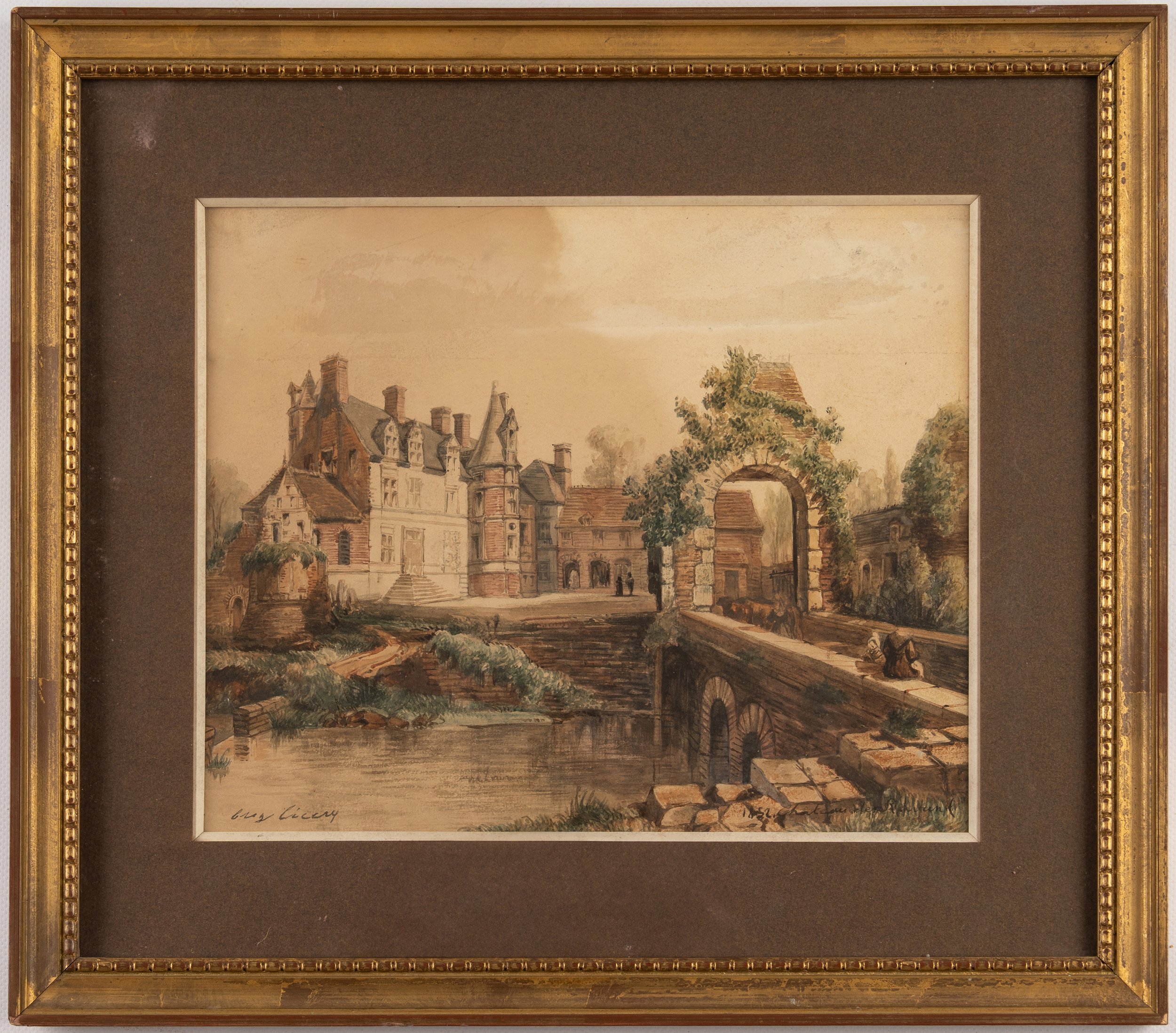 Eugène Cicéri aquarelle château Ravalet Tourlaville, cadre