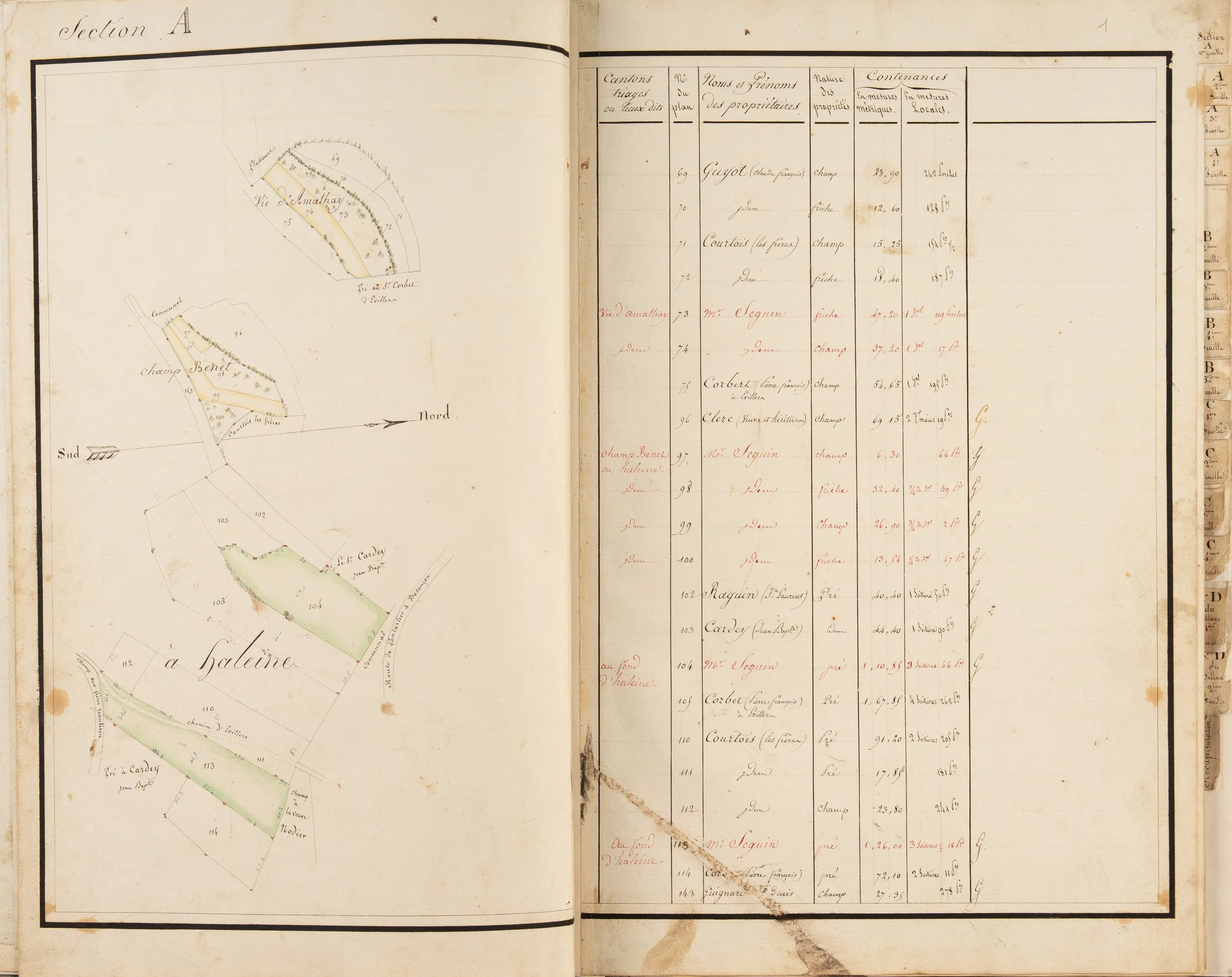 Atlas manuscrit propriétés Seguin à Septfontaines, Doubs