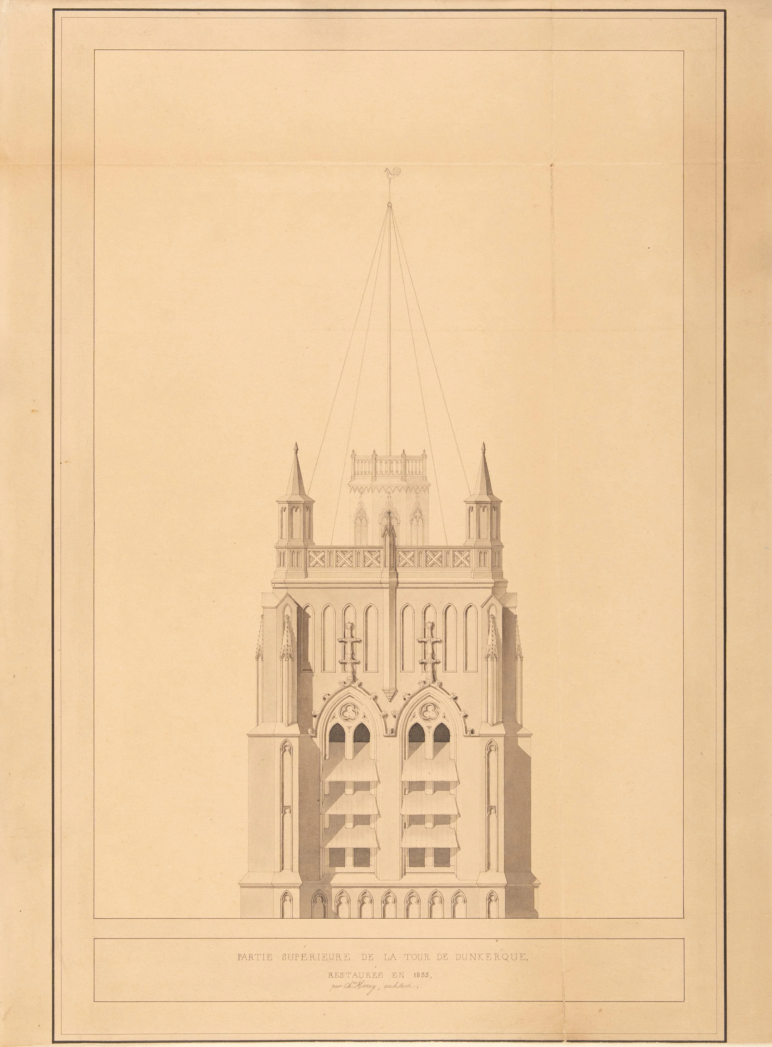 Dessin architecte Charles Henry Beffroi de Dunkerque 1835