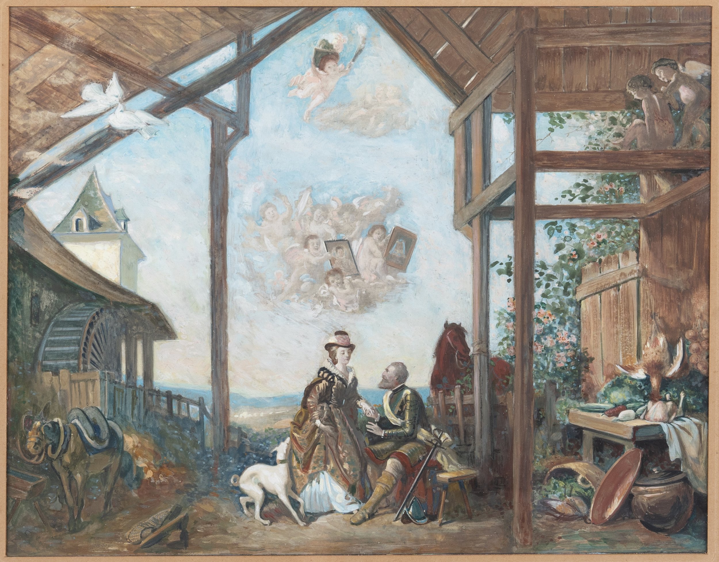 Le roi Henri IV séduisant Gabrielle d’Estrées. Dessin préparatoire pour le restaurant "La Belle Gabrielle" à Suresnes (Hauts-de-Seine).