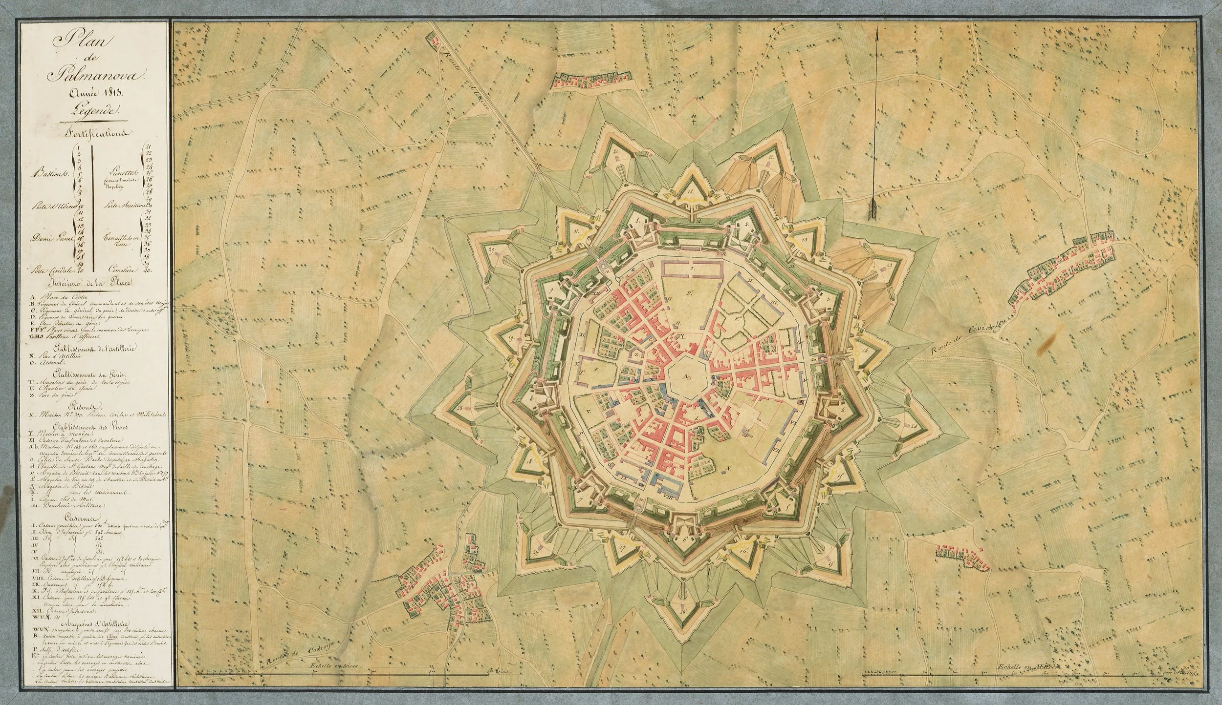 Plan manuscrit ancien de Palmanova, légende