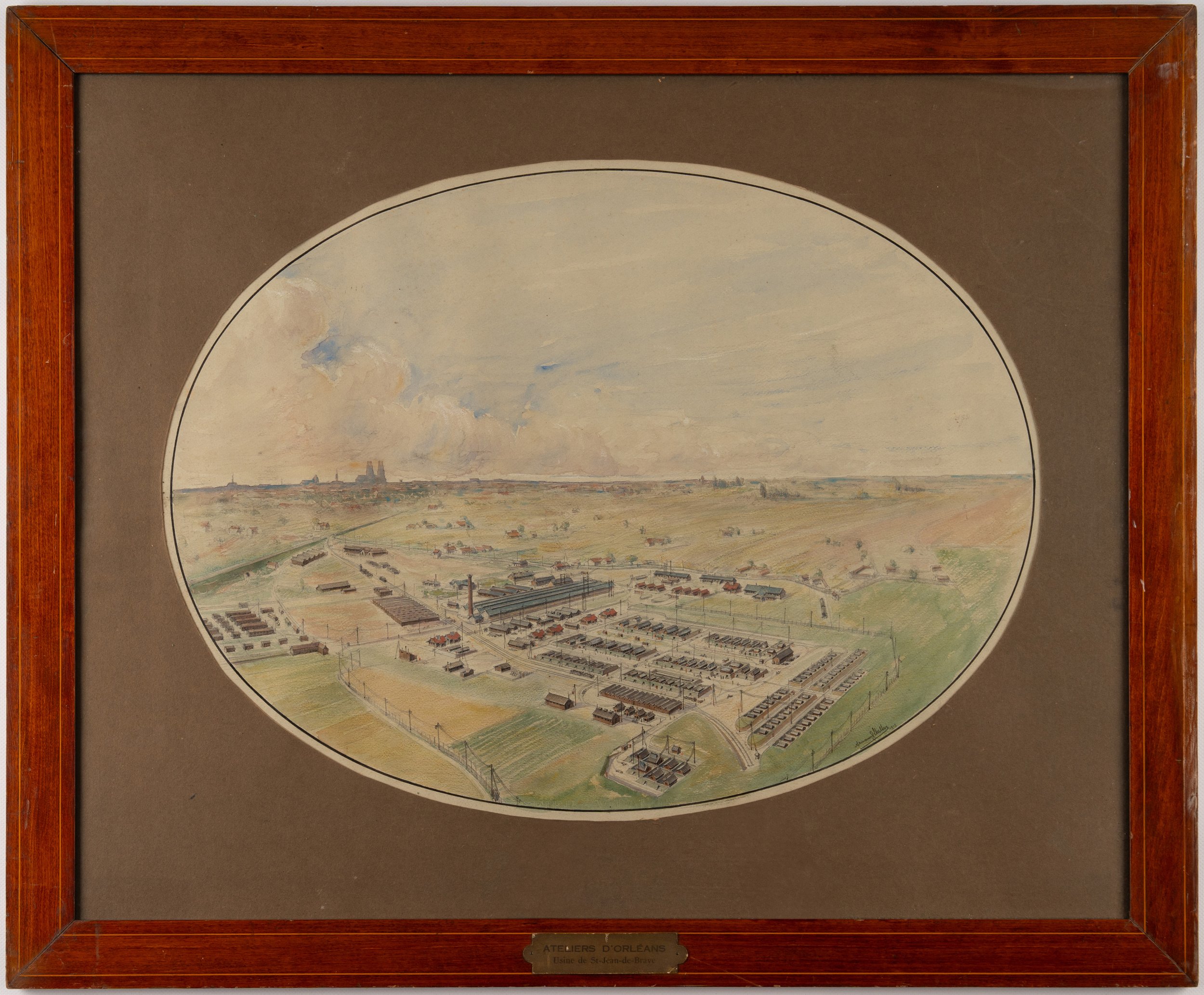 Aquarelle originale encadrée Muller Usines d'Ambert Ateliers d'Orléans