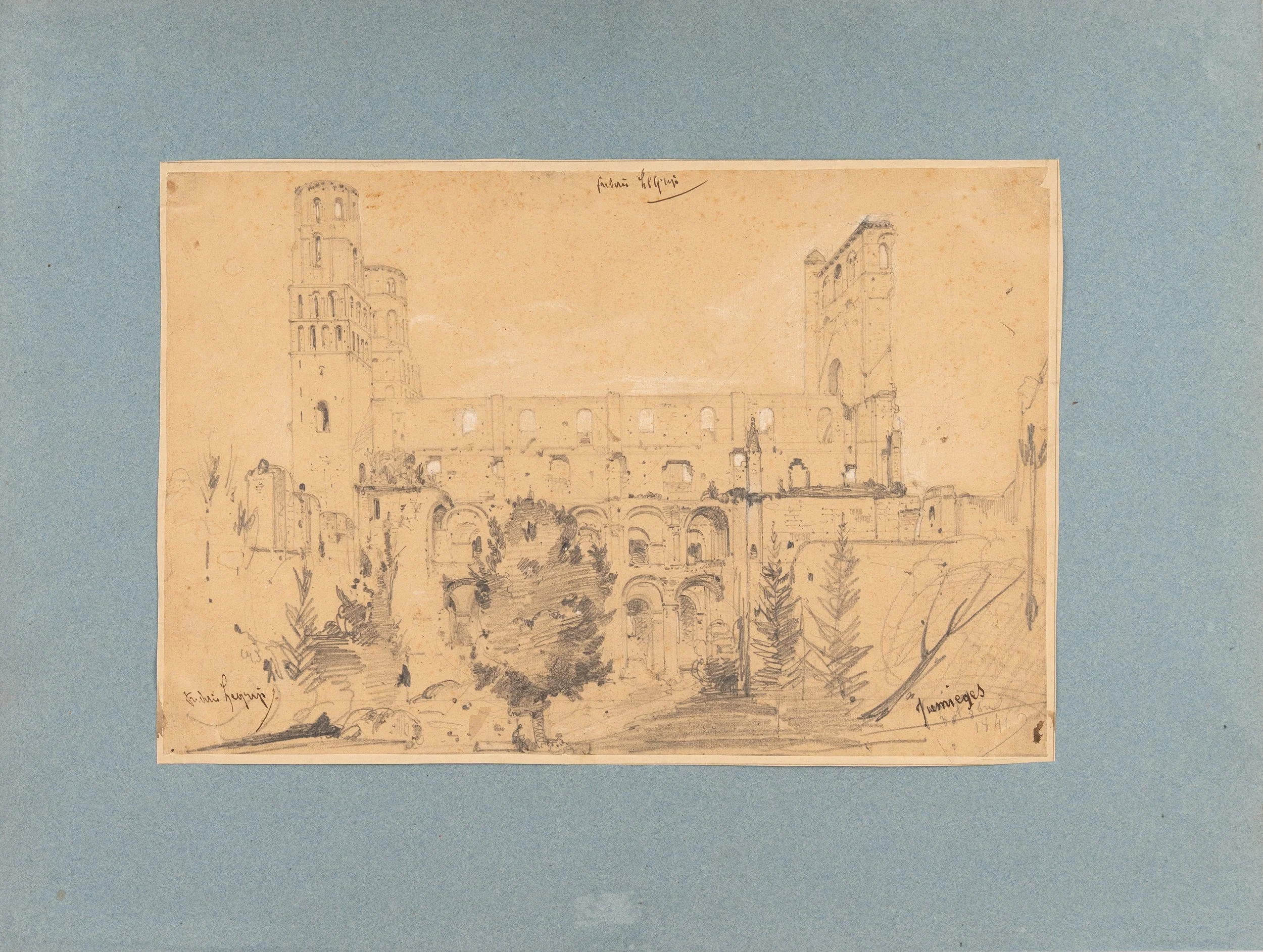 Frédéric Legrip. Vue de l’abbaye de Jumièges (Seine-Maritime). [XIXe siècle].