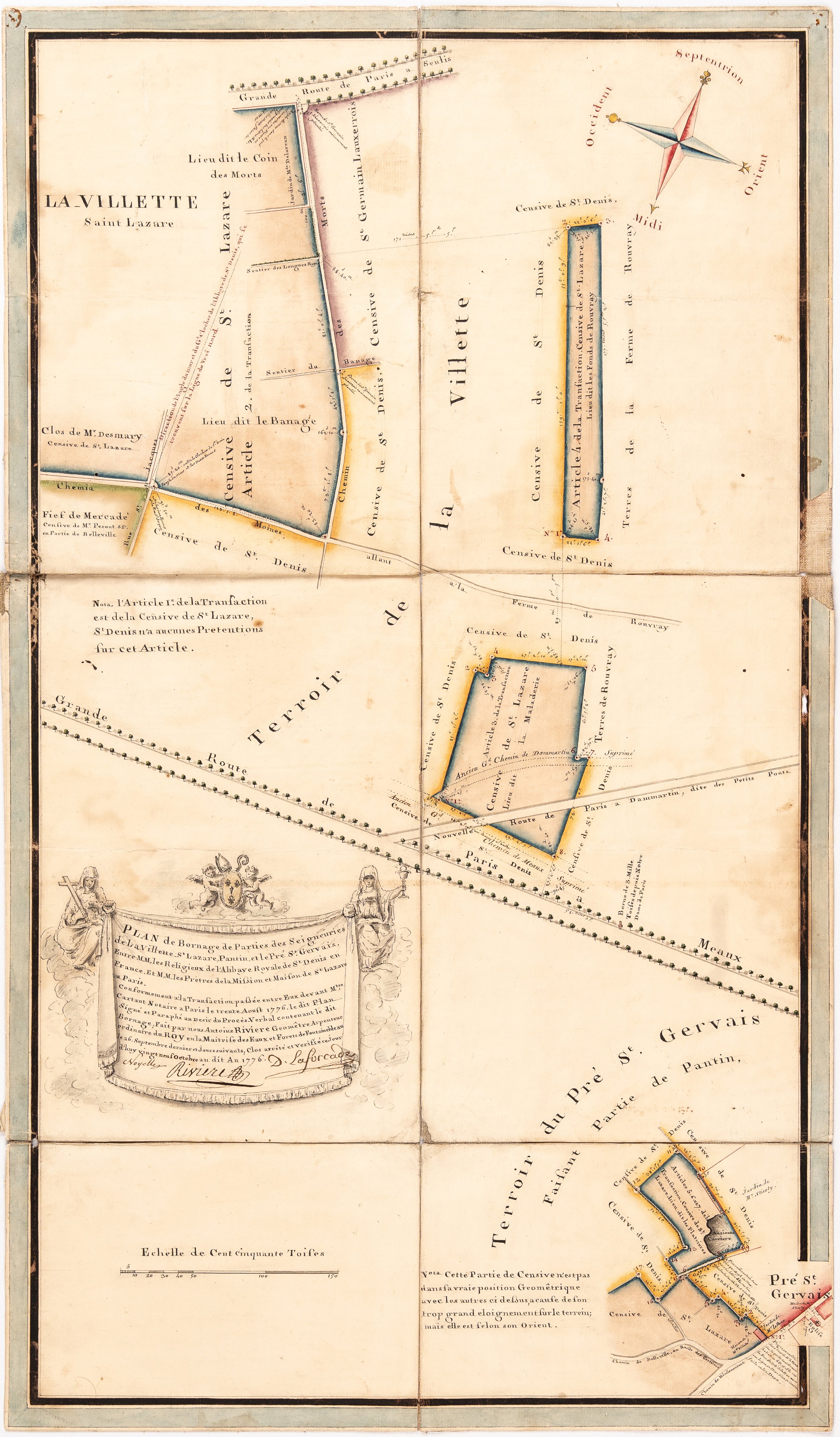Plan de bornage des censives de Saint-Lazare sur les territoires de La Villette (Paris), Pantin et Le Pré‑Saint‑Gervais (Seine‑Saint‑Denis). 1776.