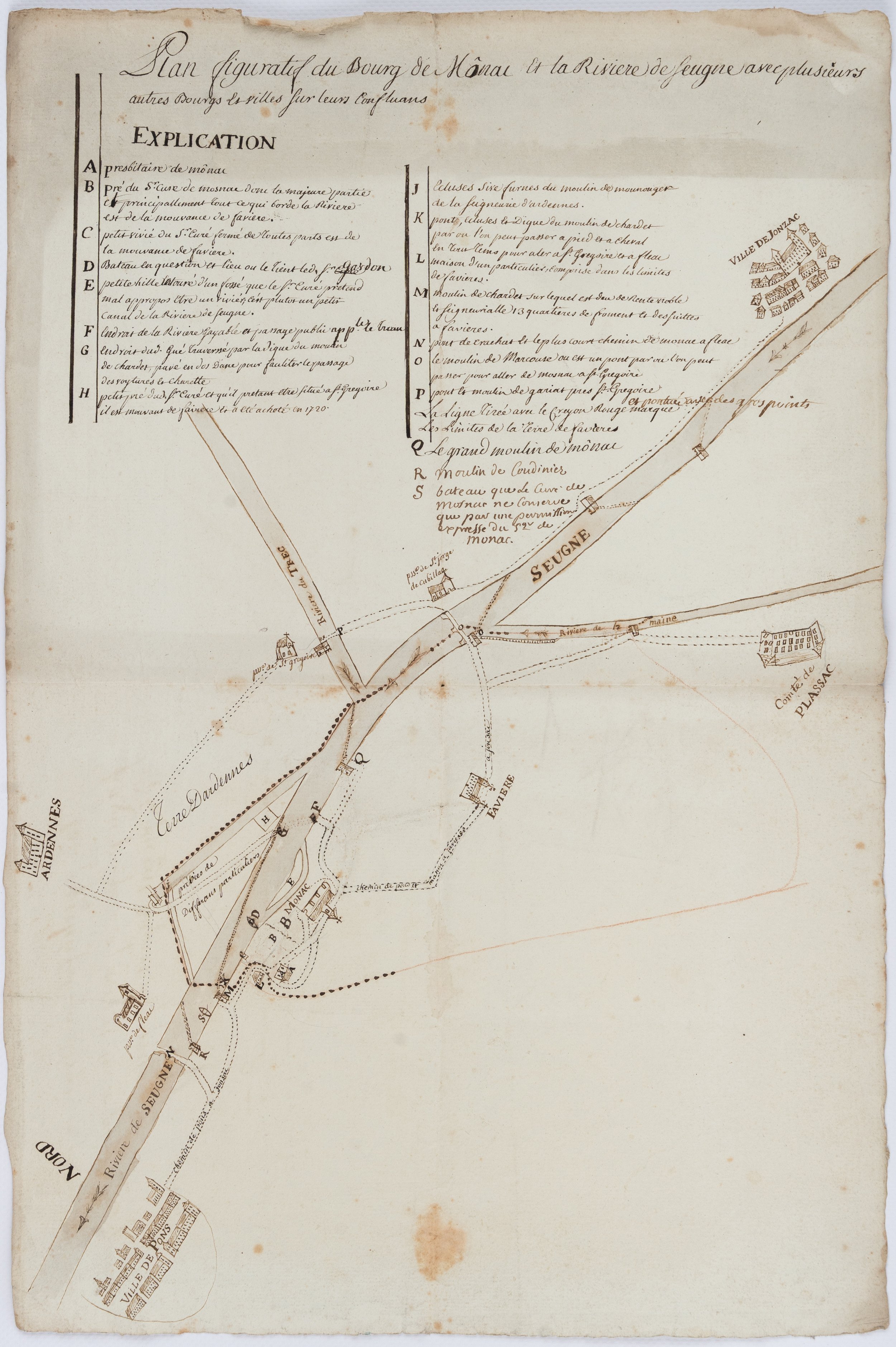 Plan du Bourg de Mosnac et la Rivière de Seugne (Charente‑Maritime), (XVIIIe siècle).