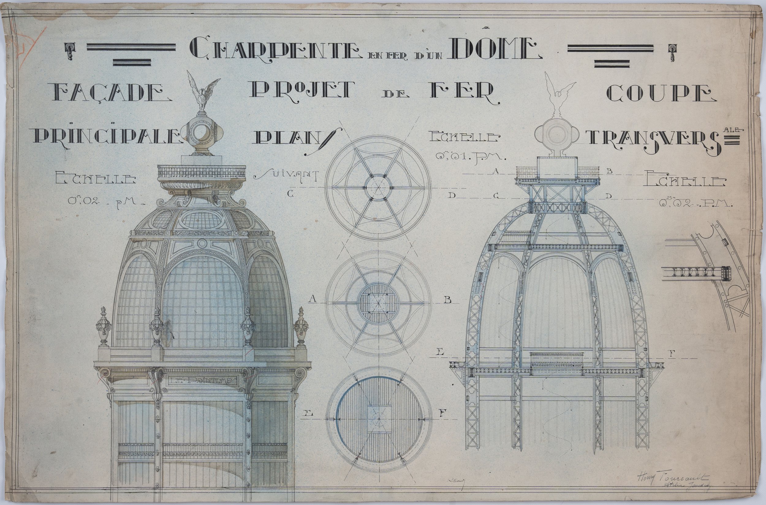 Henri Fourcault. Charpente en fer d'un dôme inspiré du magasin Printemps.