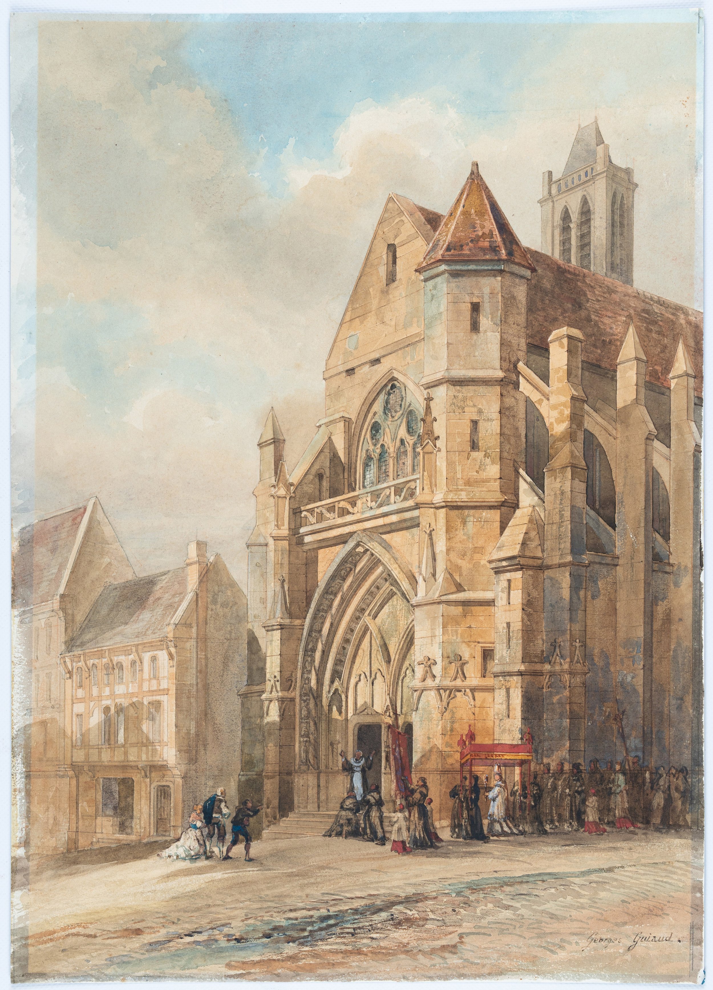 Georges-François Guiaud. Vue d’une procession devant l’église de Moret-sur-Loing (Seine-et-Marne).