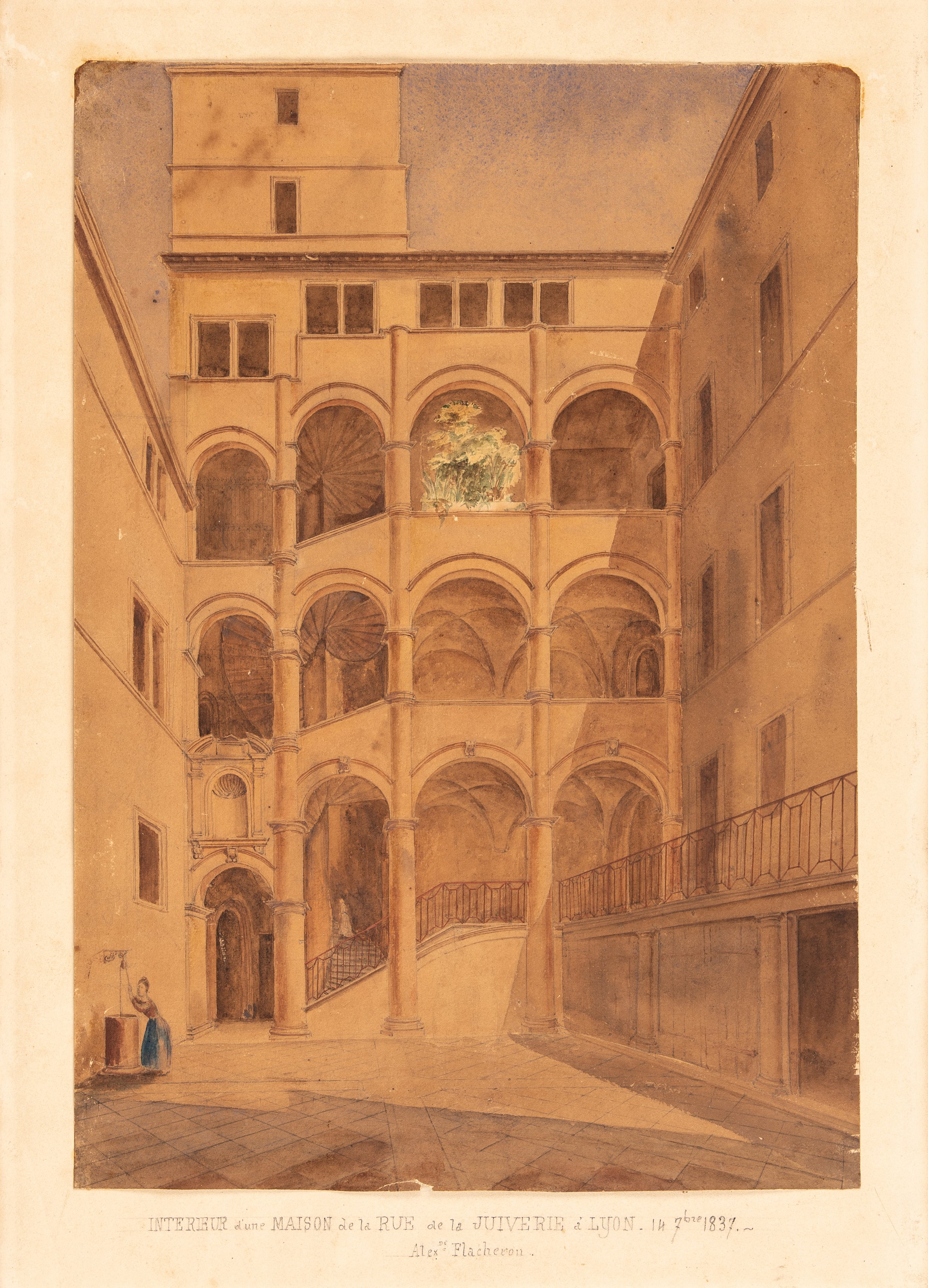 Alexandre Flachéron. Vue de la cour de l’hôtel Paterin à Lyon (Rhône). 1837.