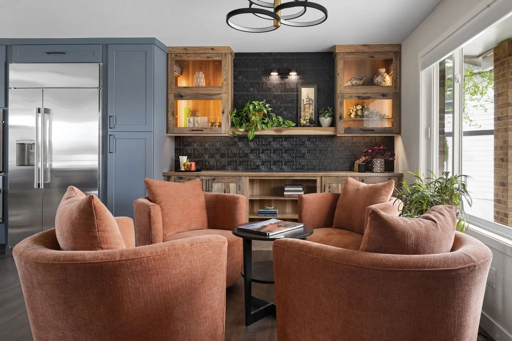 living area with custom Woodland wood cabinetry