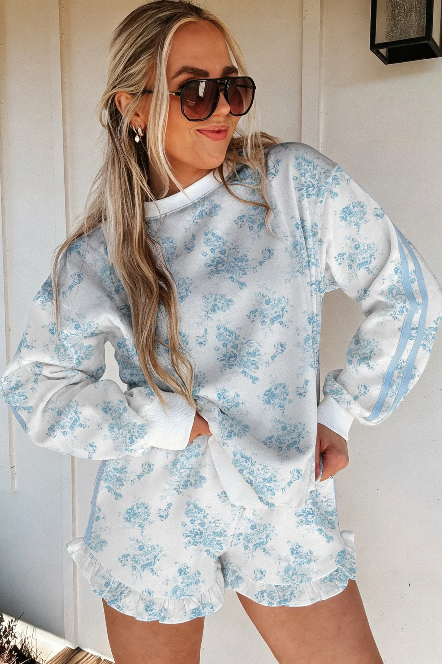 Wild Hem | Sky Blue Floral Print Striped Detail Long Sleeve Top Ruffle Hem Shorts 2pcs Set