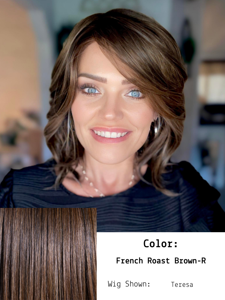 French Roast Brown-R shown in Teresa worn by Brandi. A rich, multidimensional brunette shade inspired by the deep hues of French roast coffee. This color features a dark brown base interwoven with warm bronze or subtle red undertones, creating a vibr