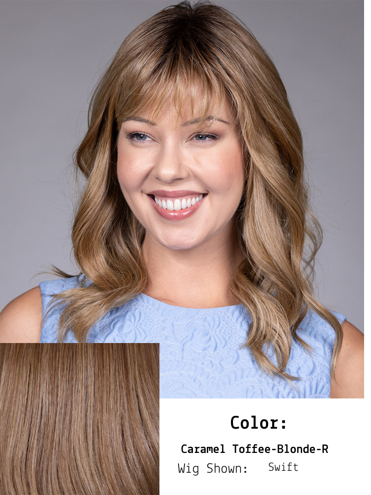 Toffee hair color is a dimensional look that blends a medium brown base with golden blonde and light caramel brown strands. This shade features warm, golden brown tones with hints of blonde, creating a rich and multidimensional appearance. The "R" in