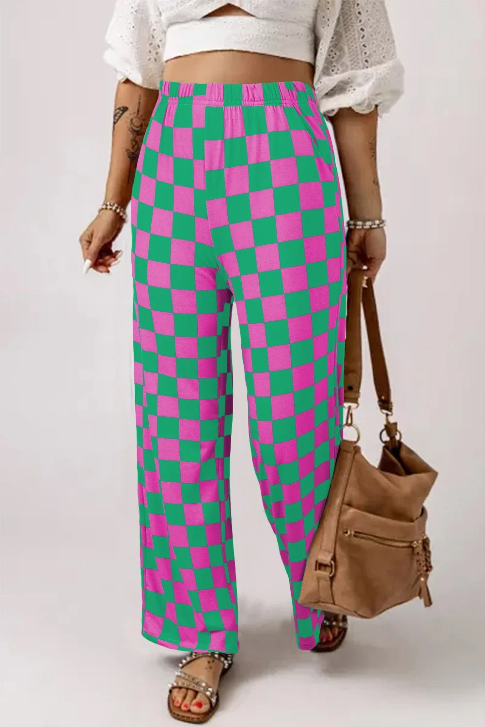 Wild Hem | Pink & Green 2-Tone Checked Print High Waist Wide Leg Pants
