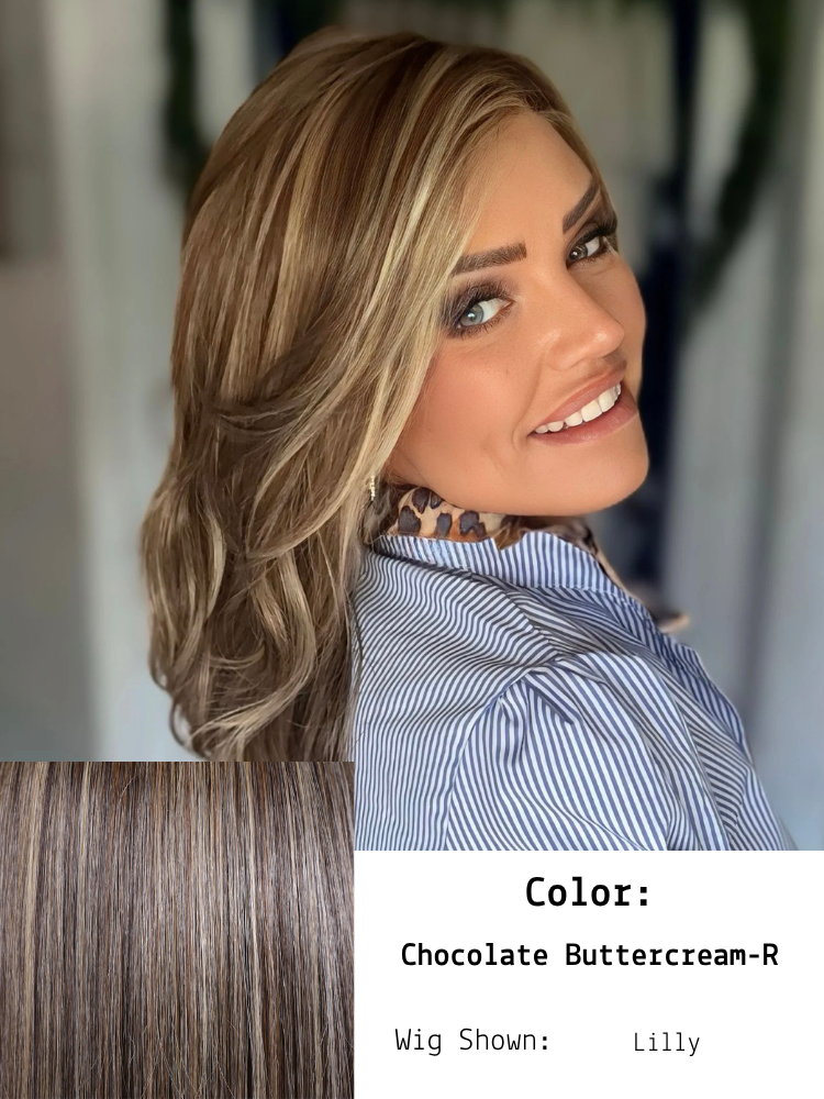 Chocolate Buttercream-R shown in Lilly worn by Brandi.  This hair color is a decadent, creamy blend that radiates richness and warmth. The roots feature a deep, luxurious chocolate brown, offering depth and a natural shadow effect. This effortlessly 