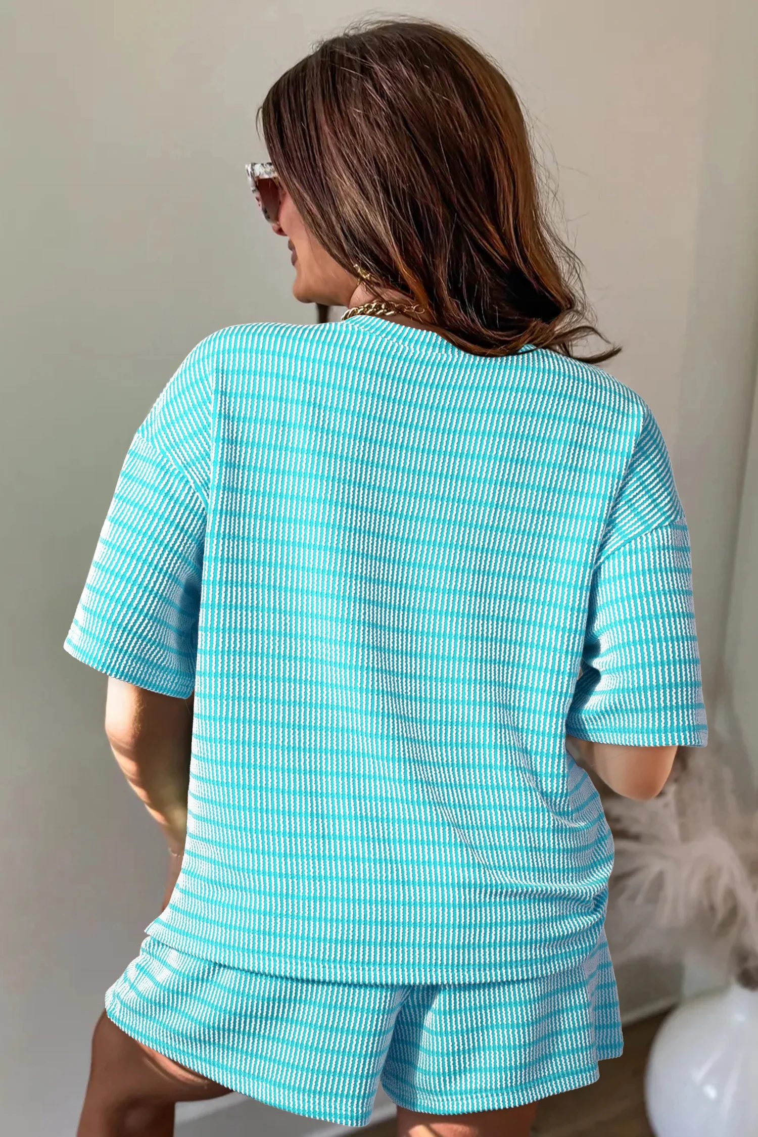 Sky Blue Stripe Raised Rib Loose Tee Drawstring Elastic Waist 2pcs Short Set.2.webp