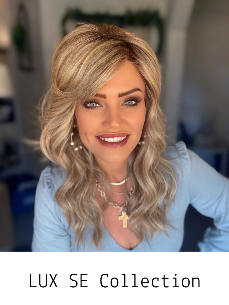 Belle Tress LUX SE Collection
Each wig is hand-tied and features an ear-to-ear lace front ensuring the most comfortable fit.  The crown is full monofilament that provides multi-directional parting.
Brandi is wearing Westwood from the LUX SE Collectio