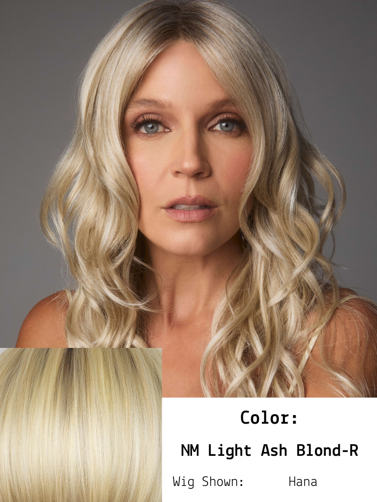 NM Light Ash Blond.  One of the Natural Movement colors from Rene of Paris. Portrait of a woman with long, wavy, light ash blond hair and blue eyes, against a gray background.