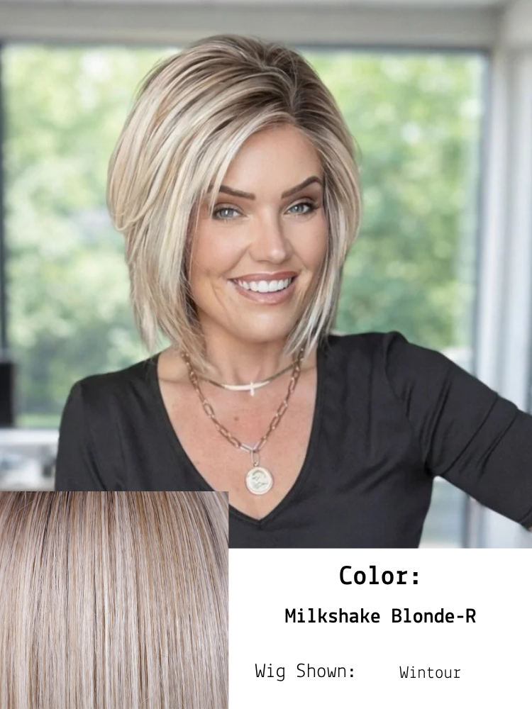 Milkshake Blonde-R shown in Wintour worn by Brandi. One of the most popular colors that features a blend of light sandy brown, light ash blonde, and a hint of light platinum blonde, all complemented by medium brown roots. This combination creates a c
