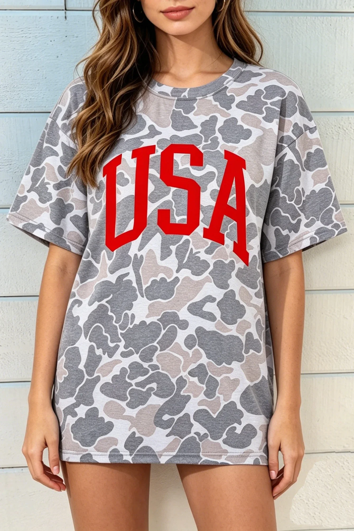 Camouflage USA Letter Print Round Neck Shift T-Shirt