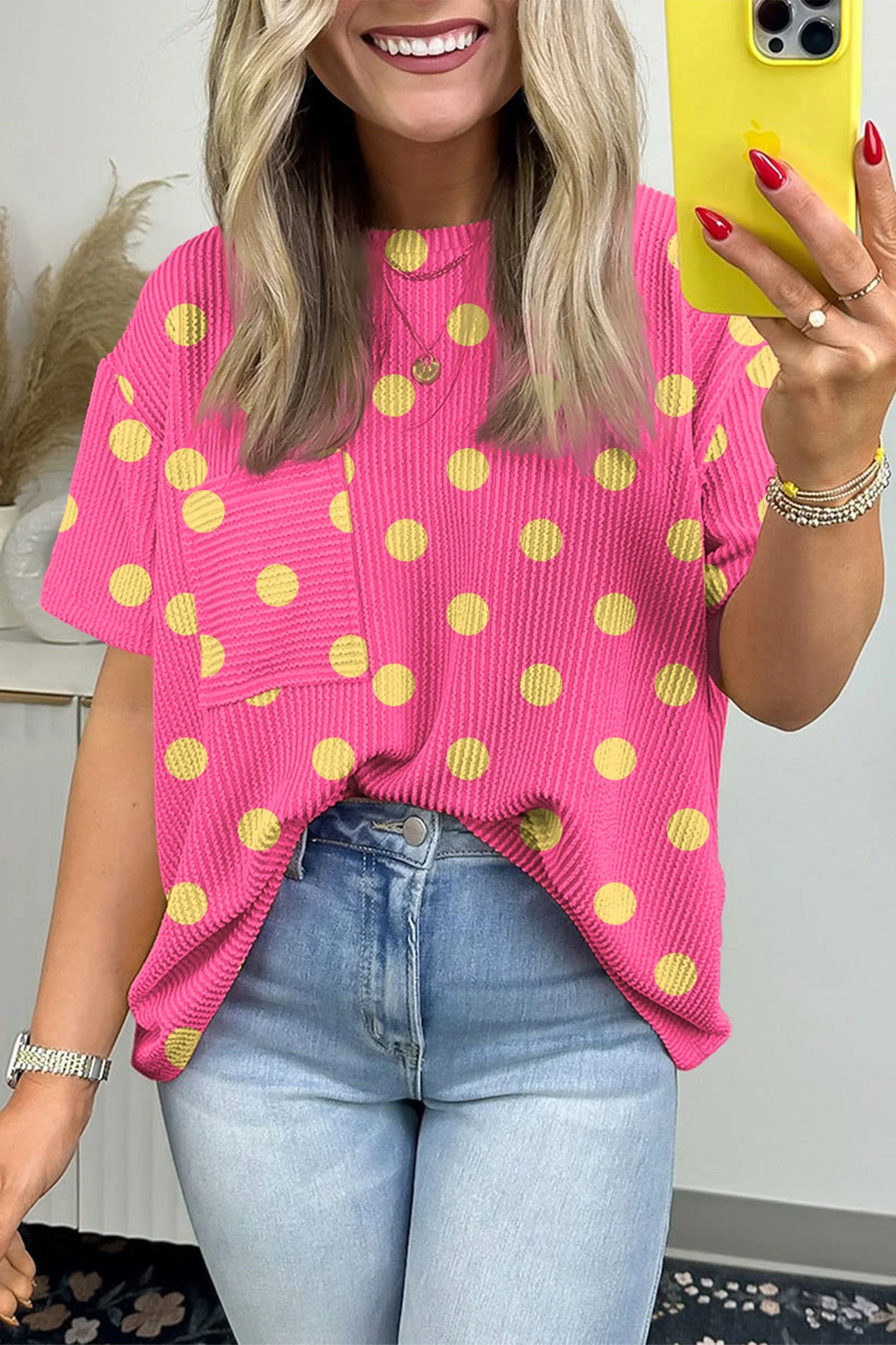 Pink DEFECTIVE Polka Dot Patch Pocket Twisted Ribbed Top.webp