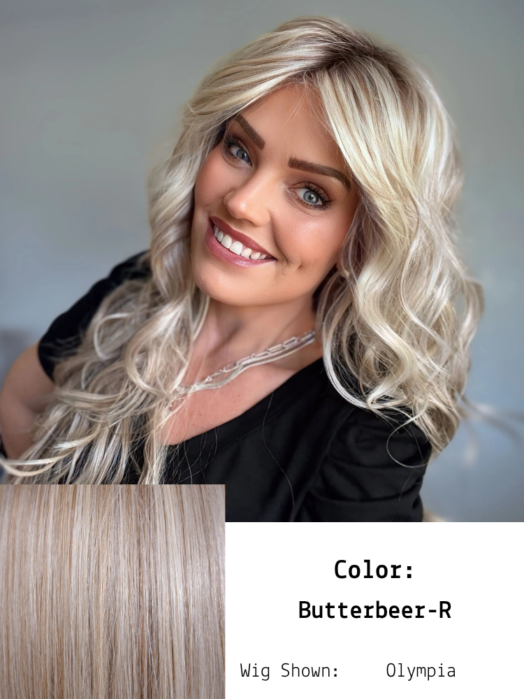 Butterbeer-R shown in Olympia worn by Brandi.  This hair color is an inviting blend that exudes a cozy, radiant charm. The roots feature soft dimensions of brown base with a touch of depth, giving a natural and lived-in look. This transitions smoothl