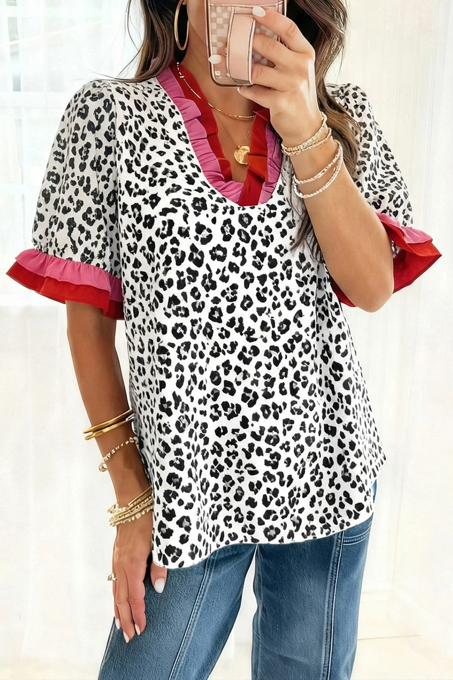 Wild Hem | Ruffled Trim V Neck Leopard Print Short Sleeve Blouse