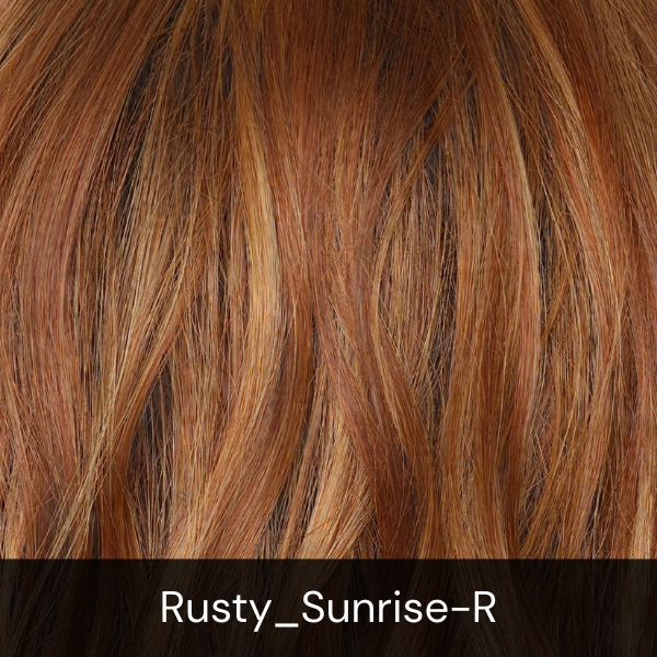 Rene of Paris Hair color named Autumn Sunrise-R.  Close-up of reddish-brown hair with varying shades and textures.