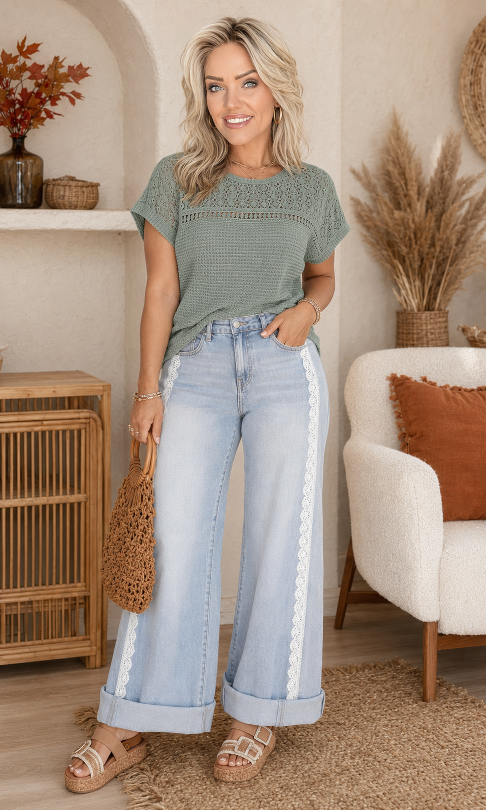 Wild Hem | Free Spirit Lace-Trim Wide-Leg Jeans