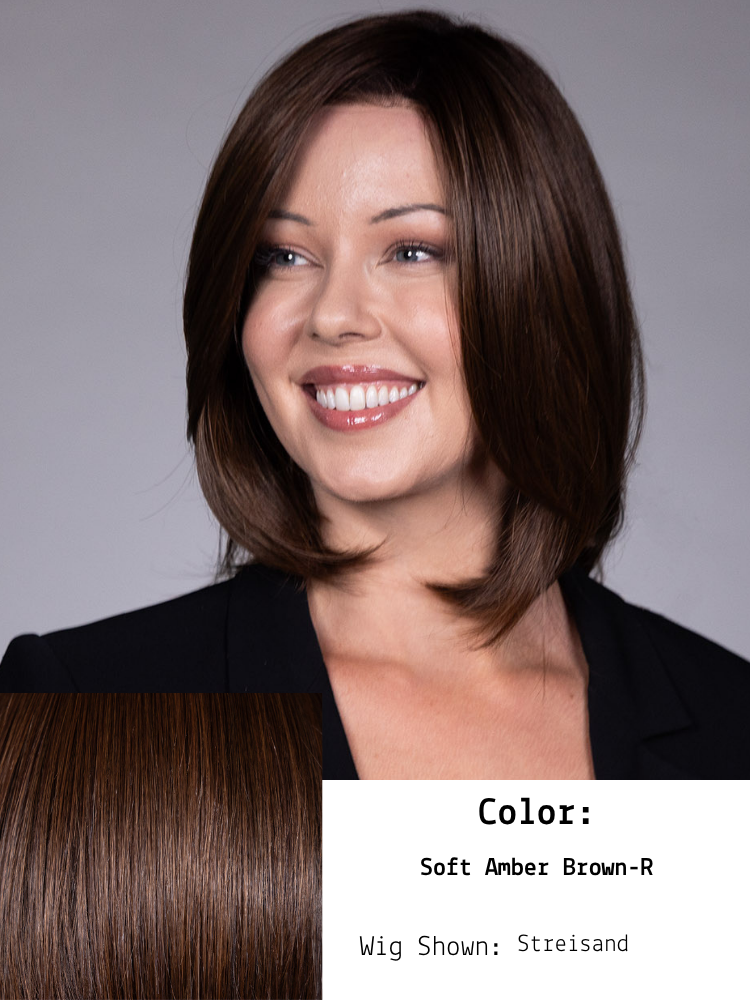 Soft Amber Brown-R. This shade combines warm amber tones—reminiscent of a blend of gold and red hues—with a medium brown base. The result is a rich, multidimensional color that adds warmth and depth to the hair. The rooted hair color features slightl