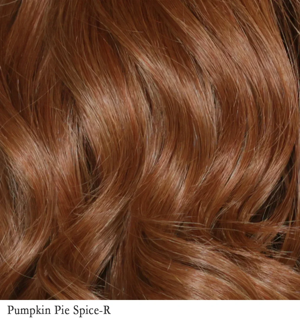 Medium brown rooted, combination of strawberry, medium and light copper red, highlighted with light blonde.