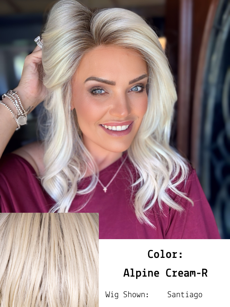 Bell Tress's Newest Color, Alpine Cream Rooted is a light, icy blonde shade with a cool, creamy base softened by hints of pale beige for a natural yet luminous look. The “rooted” effect features a combination of medium and light brown, mixed with dar