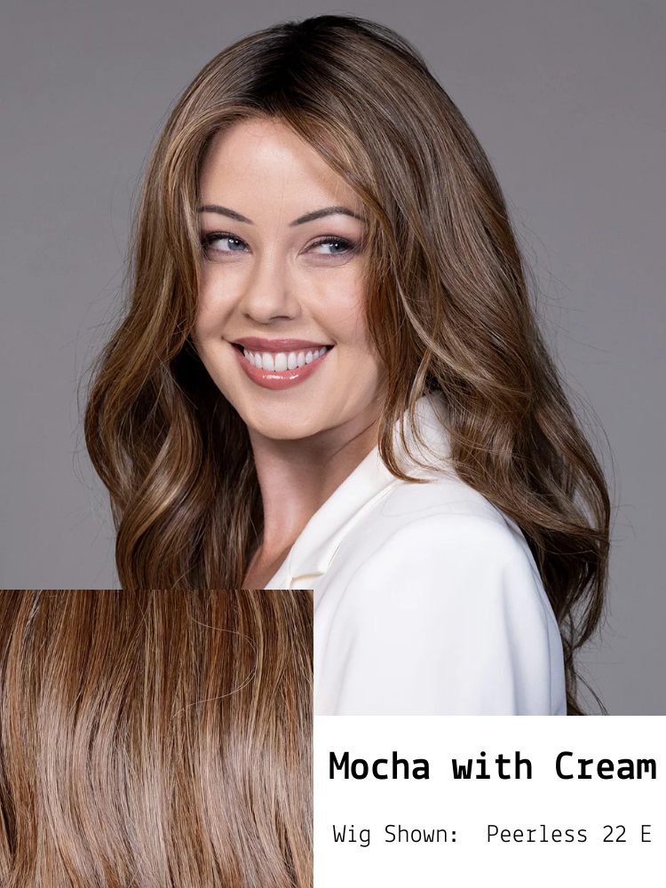 A rich darkest brown root with a blend of dark chocolate brown and cinnamon along with milk chocolate, cool blonde and light blonde highlights.