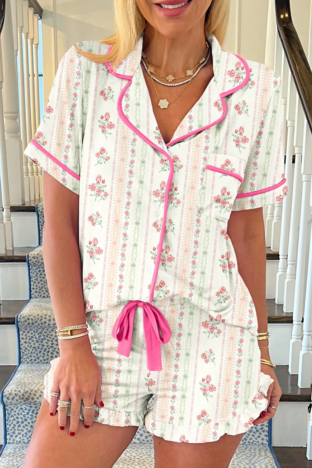 Wild Hem | Beige Floral Print Contrast Pipping Short Pajamas Set