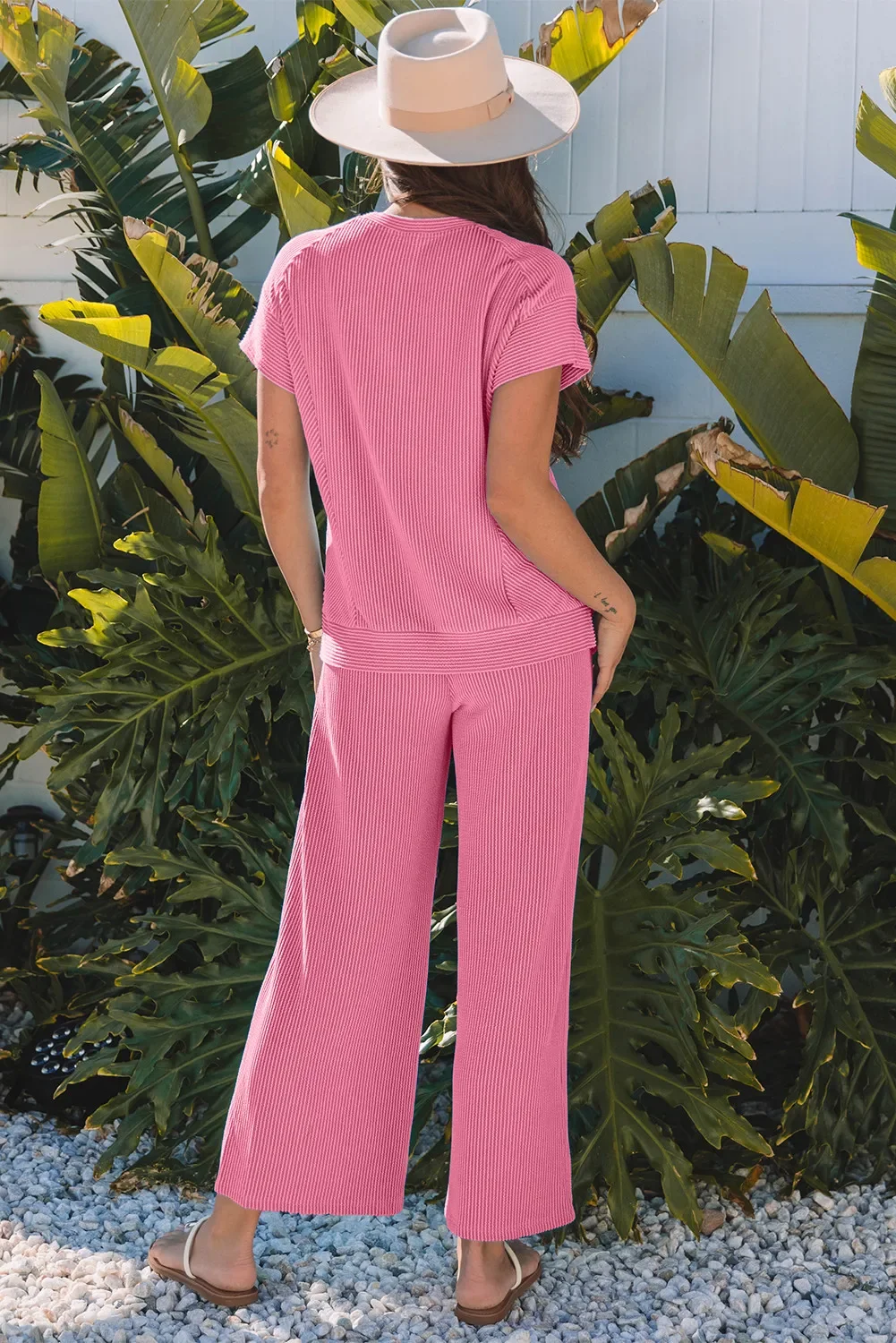 Bright Pink Solid Corded Knit Short Sleeve T Shirt and Wide Leg Pants Set.2.webp
