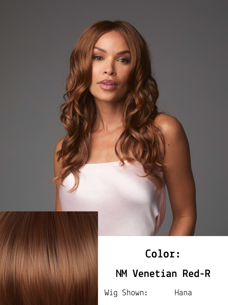 A woman with long, wavy, reddish-brown hair wearing a white top, with a close-up of her hair color sample labeled NM Venetian Red-R, wig named Hana, against a gray background.