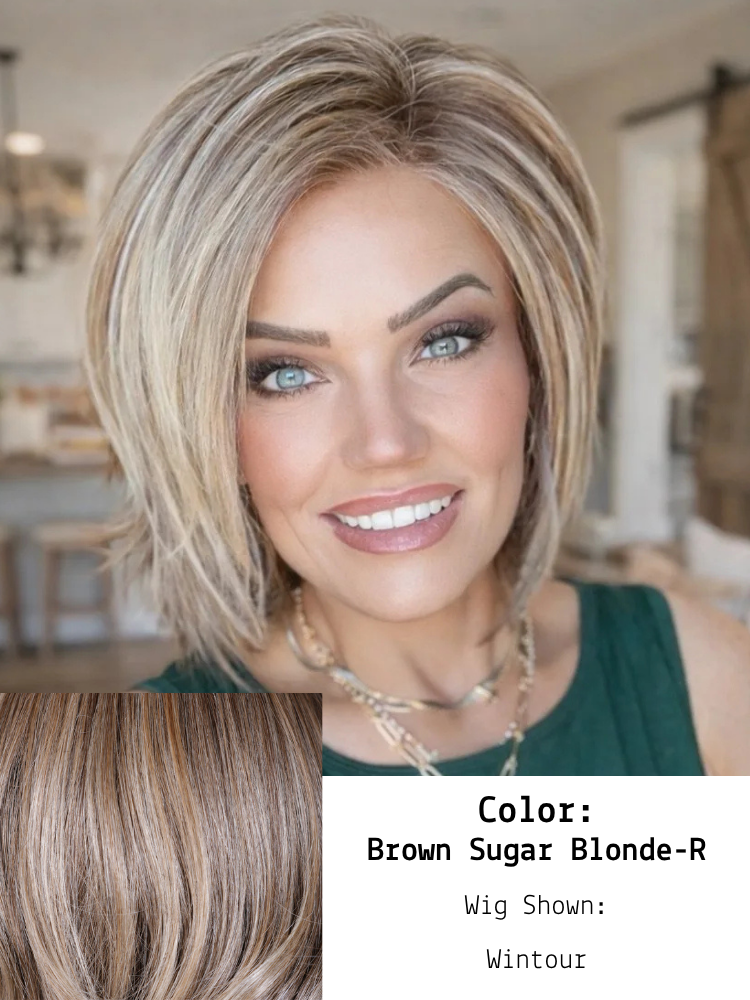 Brown Sugar Blonde-R shown in Wintour worn by Brandi.  A beautifully blended hair color featuring warm, rich tones. It combines a medium brown base with soft golden blonde highlights, creating a natural, sun-kissed effect. The "R" in the name indicat