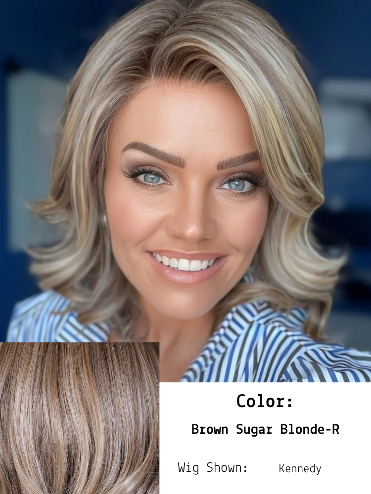 Brown Sugar Blonde-R shown in Kennedy worn by Brandi.  A beautifully blended hair color featuring warm, rich tones. It combines a medium brown base with soft golden blonde highlights, creating a natural, sun-kissed effect. The "R" in the name indicat