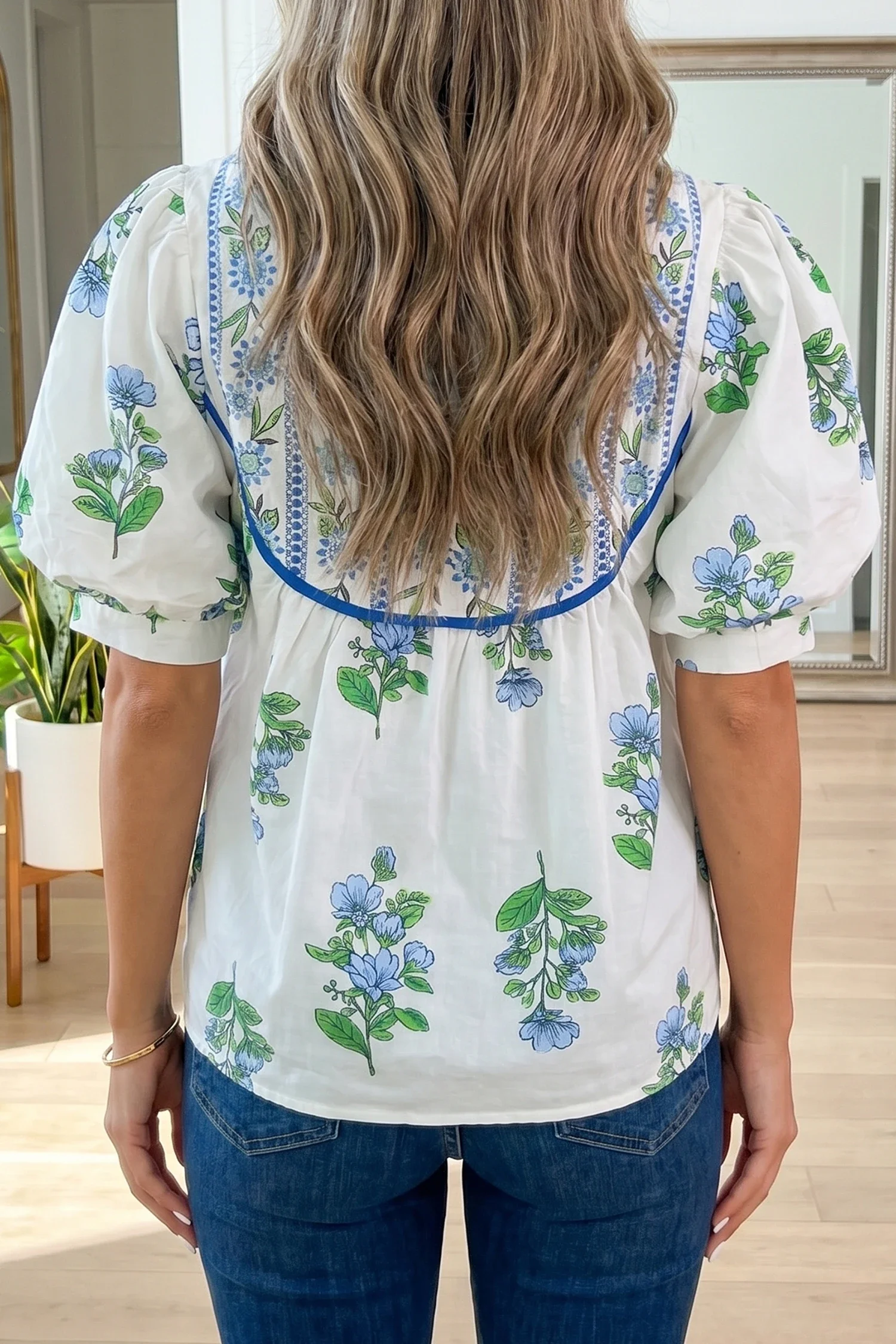 White Floral Print Contrast Trim Tie Neck Blouse.2.webp