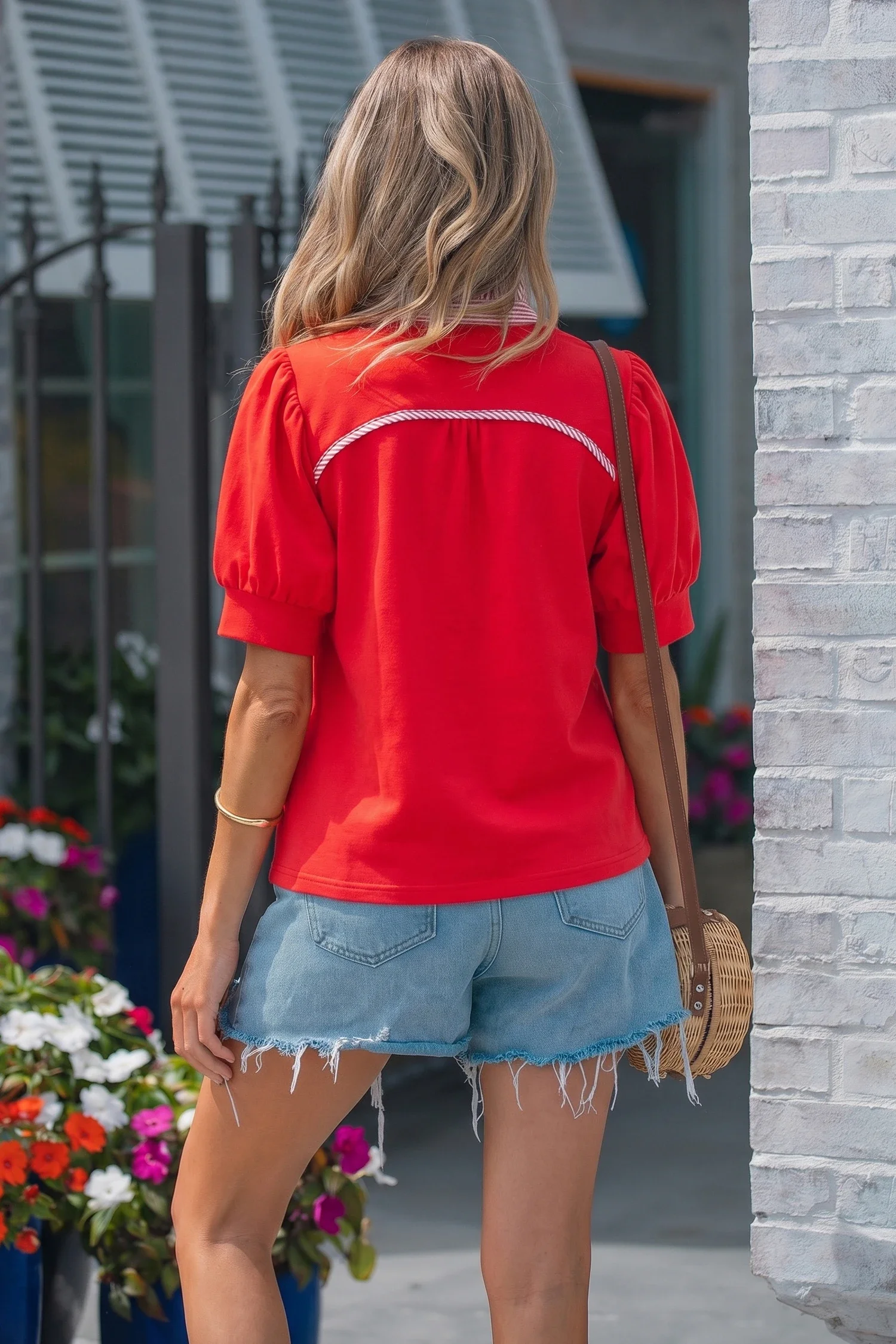 Fiery Red Striped Frilled Collar Short Sleeve Blouse.2.webp