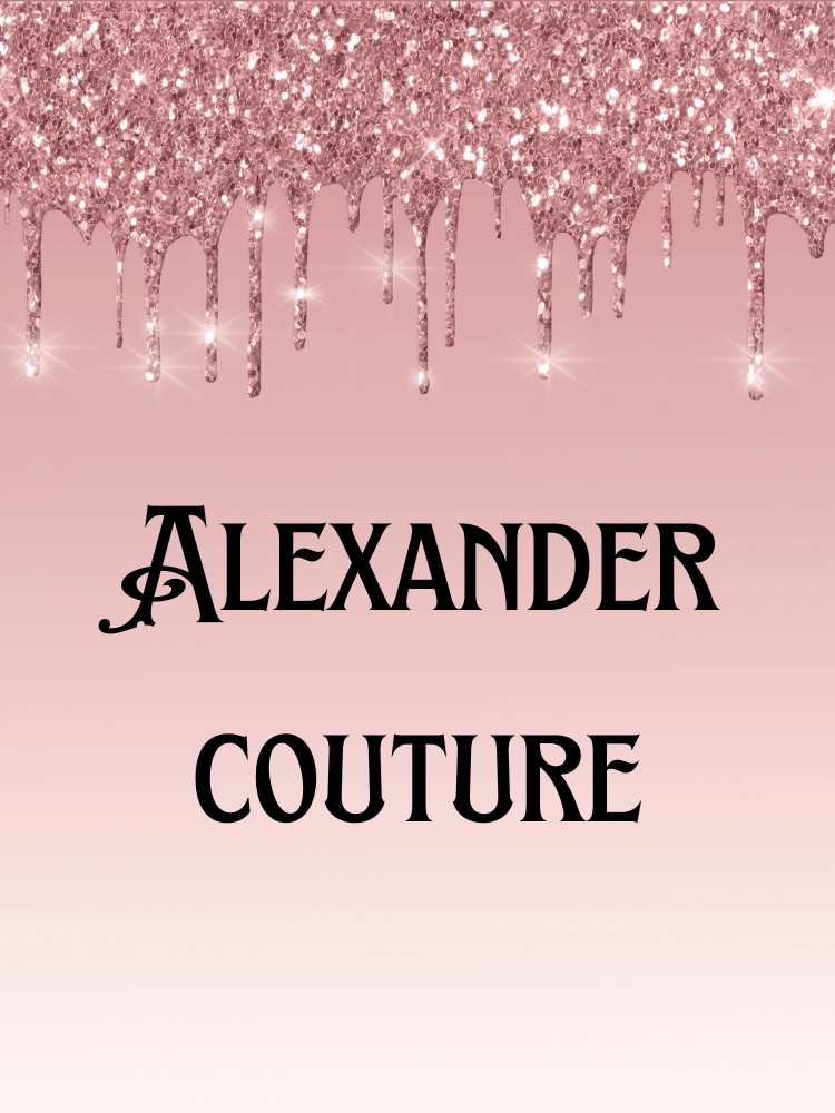 Pink background with glittery rose gold dripping effect at the top and the text "Alexander Couture" in black font.