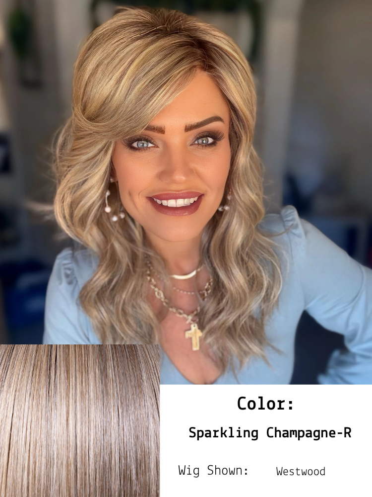Sparkling Champagne-R shown in Campbell worn by Brandi.  This hair color is a sophisticated, luminous blend that exudes elegance and vibrancy. The roots are a soft, medium ash brown or dark blonde, creating a natural shadow effect that adds depth and