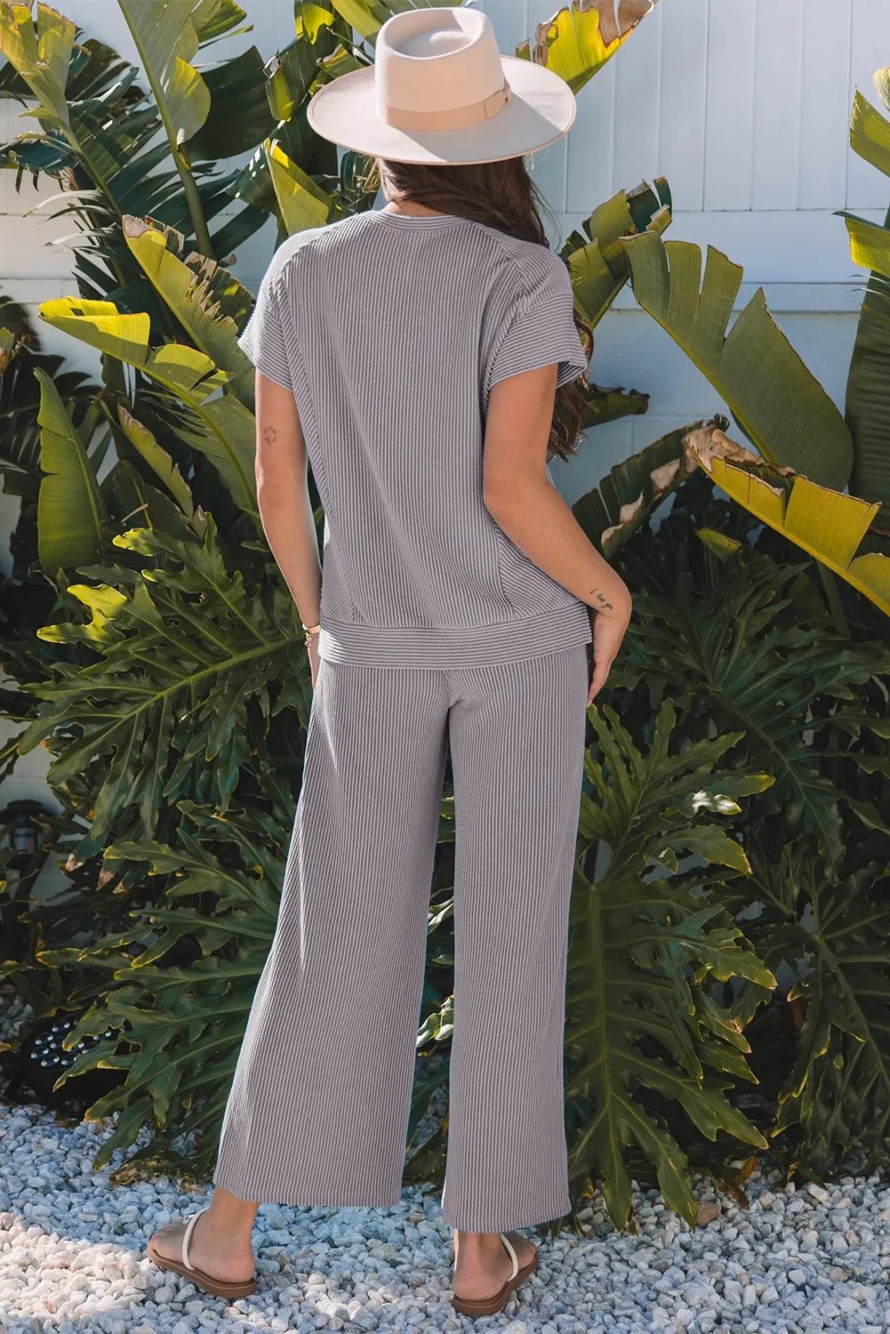 Wild Wind Solid Corded Knit Short Sleeve T Shirt and Wide Leg Pants Set.2.webp