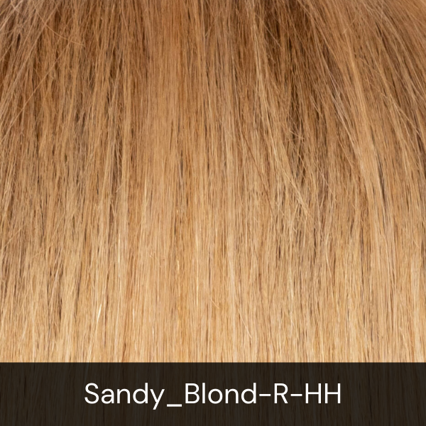 Close-up of blonde hair with a note indicating it is Sandy Blonde R HH color.