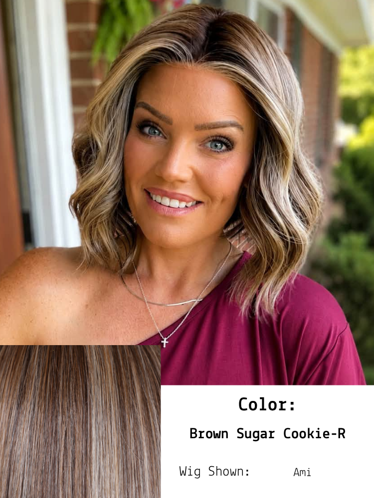 Brown Sugar Cookie-R shown in Ami worn by Brandi.  This hair color is a soft, multidimensional blend that exudes warmth and elegance. The roots feature a more profound, rich brown tone, seamlessly transitioning into a warm, golden-brown base that res