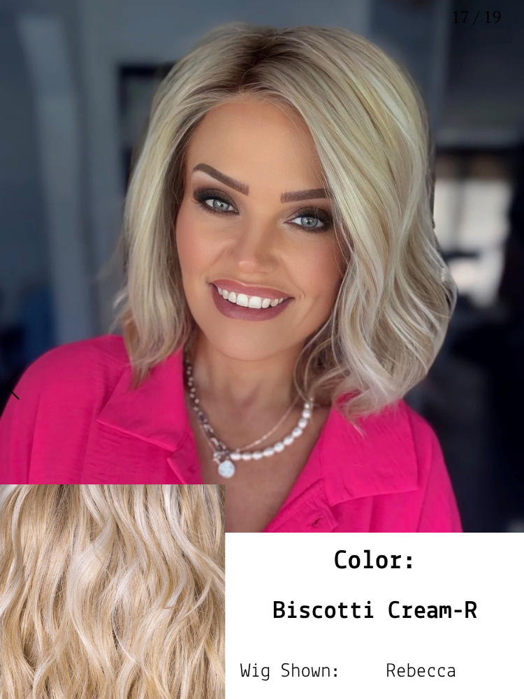 Brandi is wearing Rebecca in Biscotti Crème Rooted. It is a soft, dimensional blonde shade that blends warm, golden-beige tones with light, creamy highlights for a sunlit, natural look. The “rooted” hair starts with a combination of medium brown, lig
