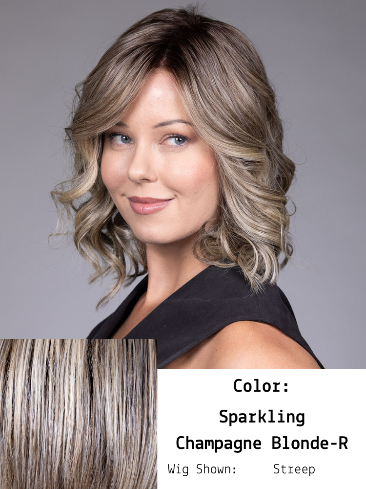 A sophisticated and luminous hair color that combines the effervescence of champagne blonde with the depth of natural roots. It features a harmonious blend of light golden and beige tones, creating a radiant, multi-dimensional blonde. It features sli