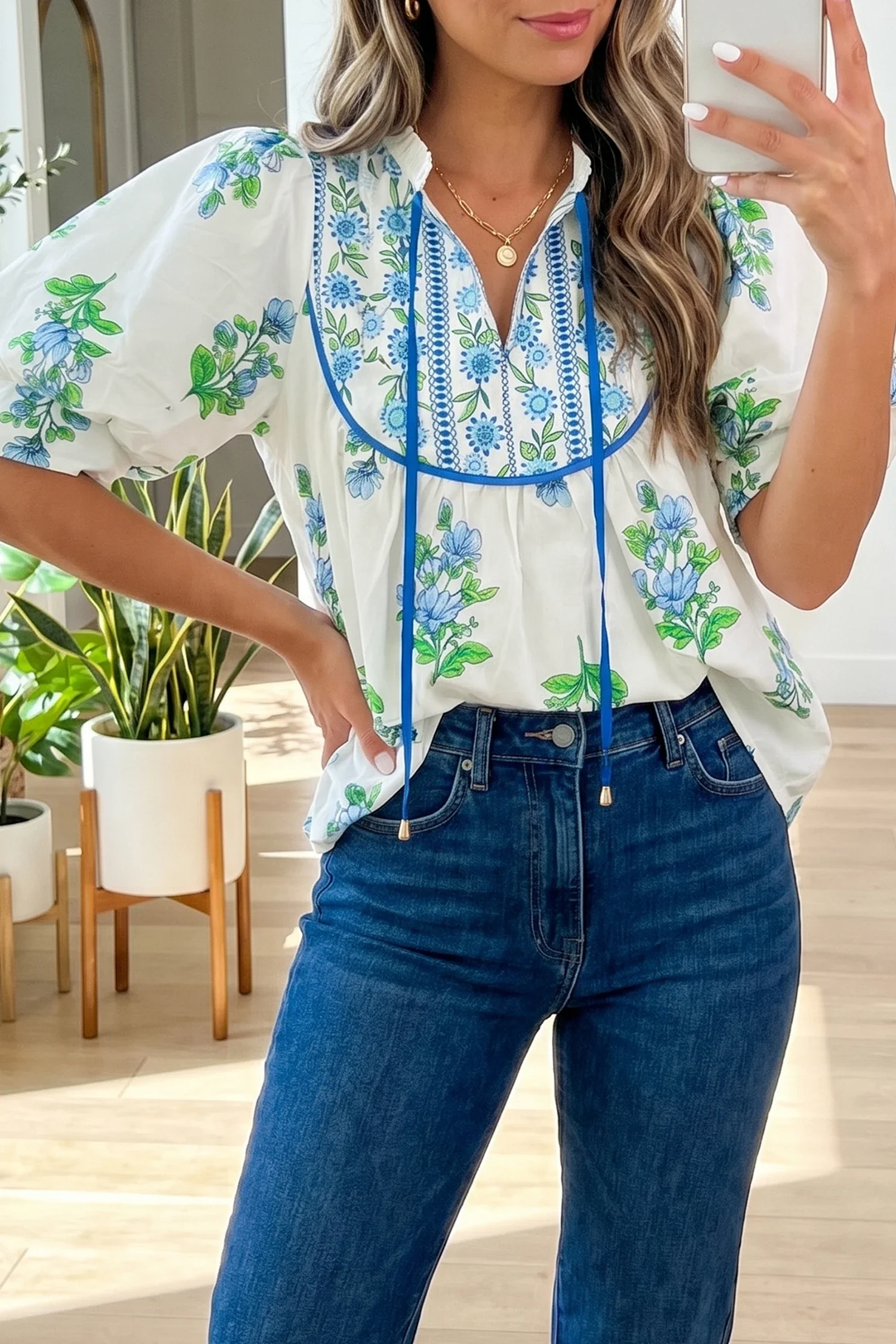 Wild Hem | White Floral Print Contrast Trim Tie Neck Blouse