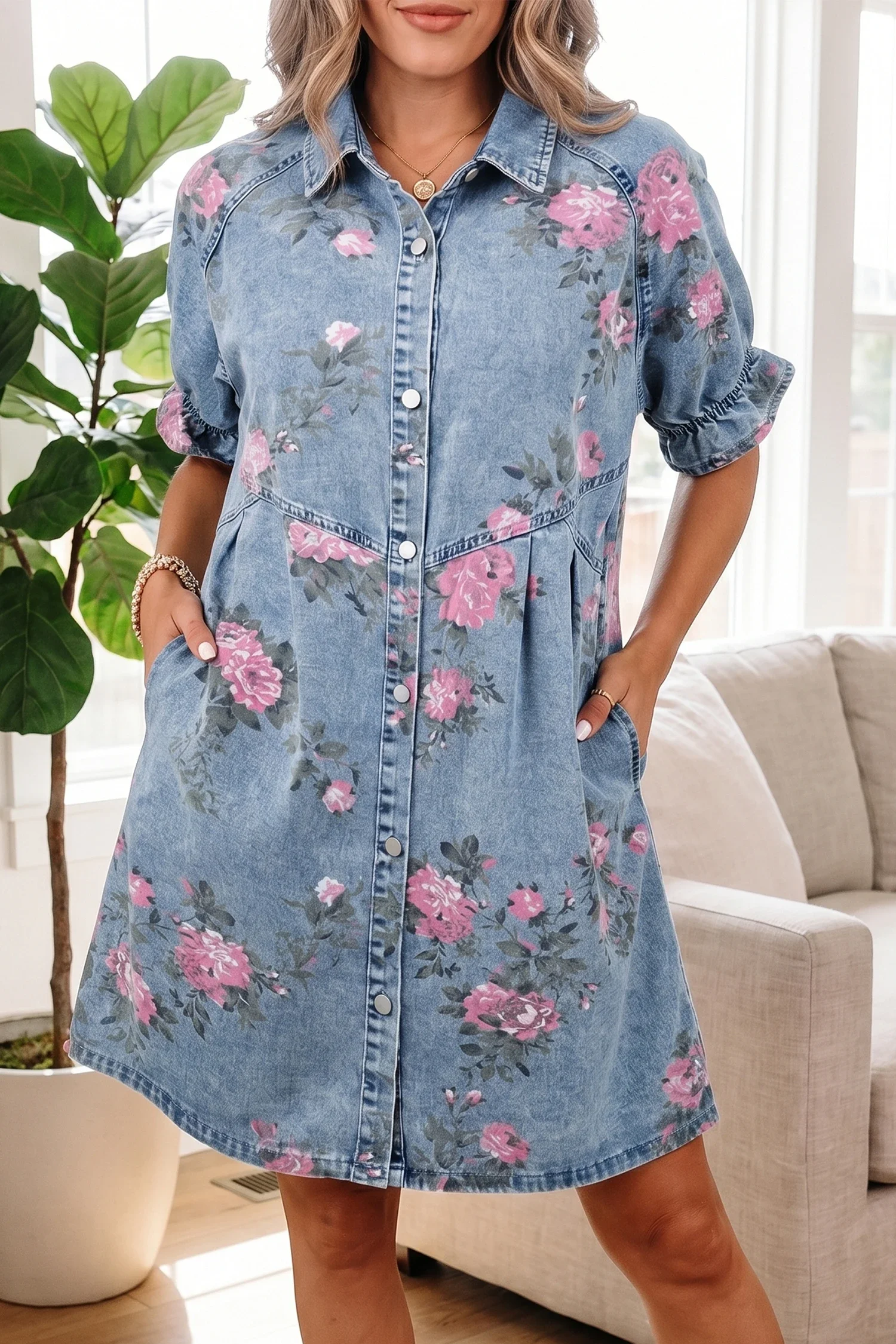 Wild Hem | Sky Blue Floral Denim Mini Dress
