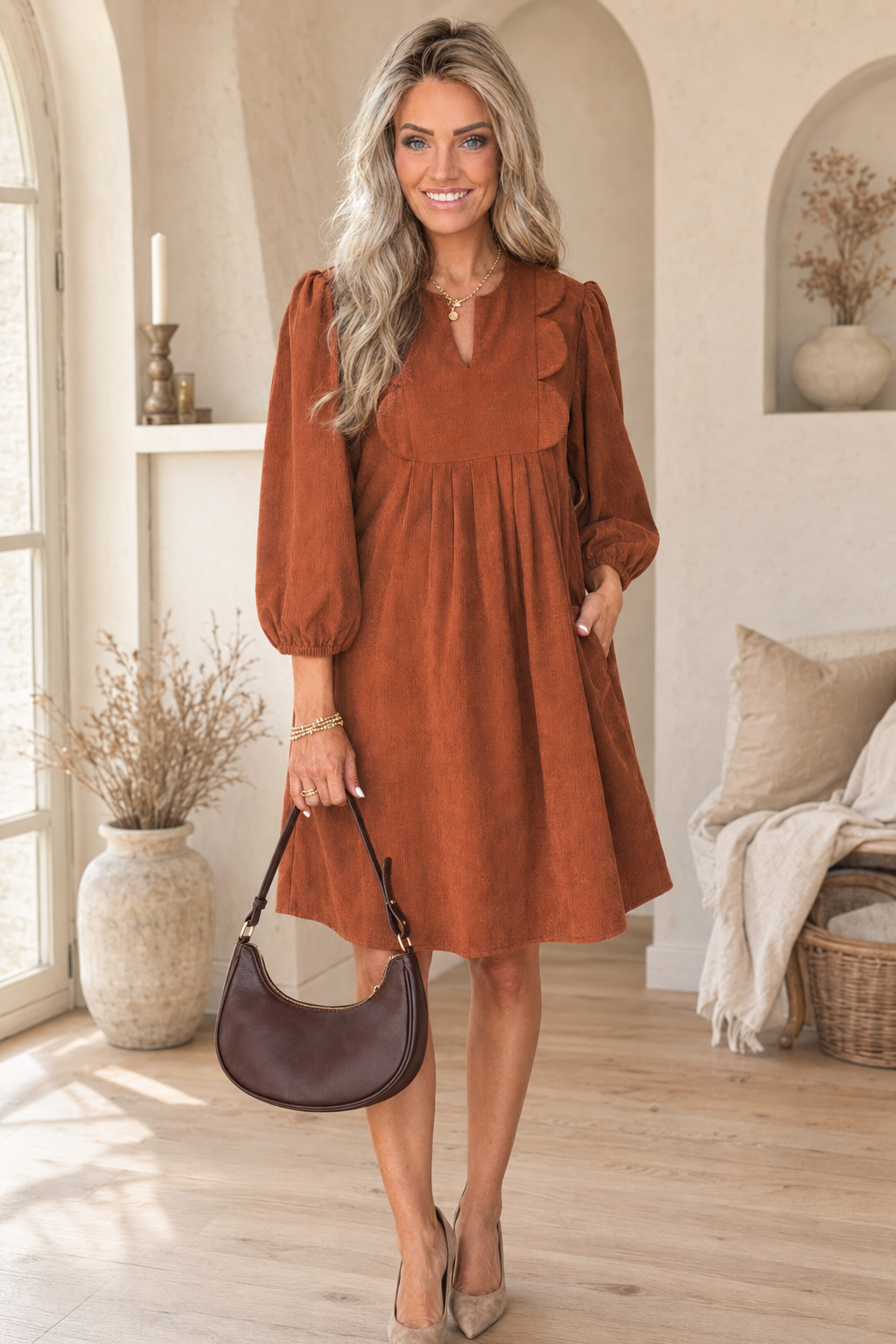 Wild Hem | Cinnamon Scallop Corduroy Mini Dress