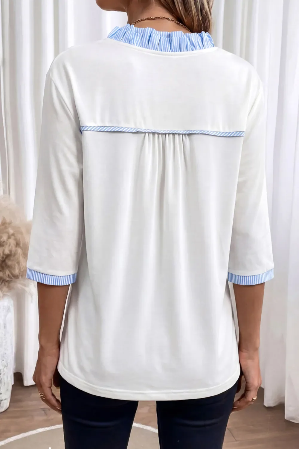 White Striped Patchwork V Neck 3.4 Sleeve Blouse.2.webp